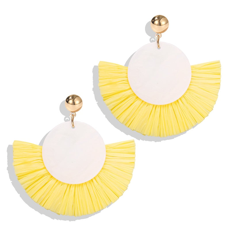 Ethnic Beige Wicker Rattan Raffia Tassel Earrings