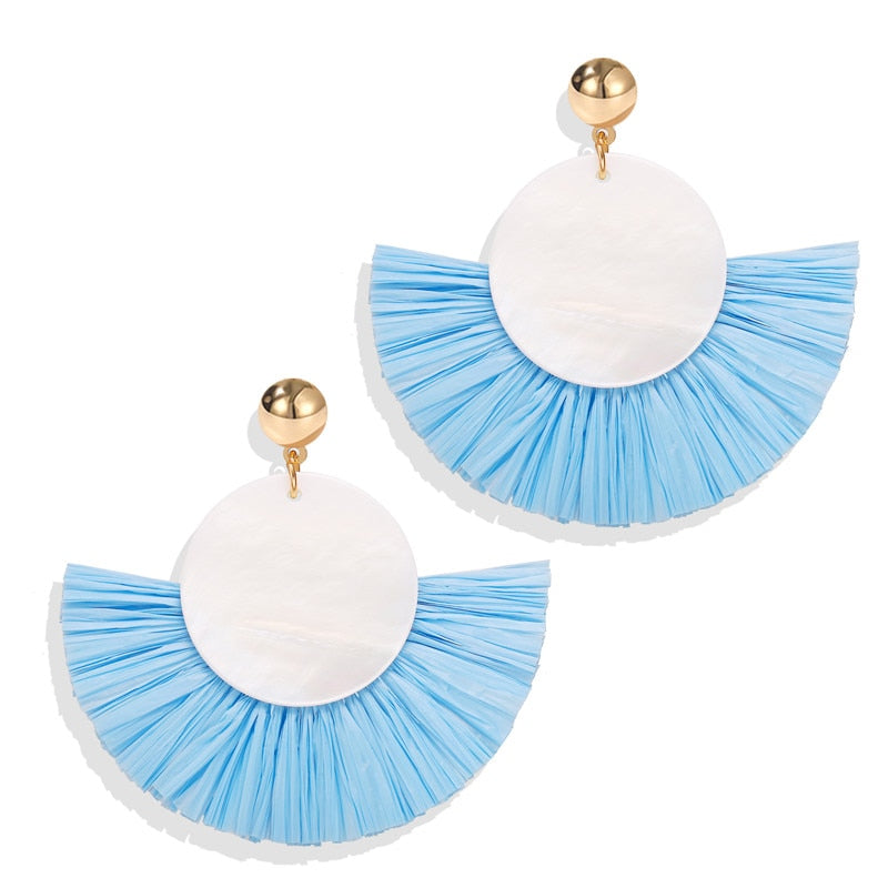 Ethnic Beige Wicker Rattan Raffia Tassel Earrings