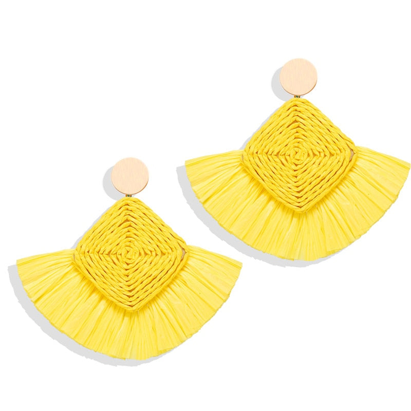 Ethnic Beige Wicker Rattan Raffia Tassel Earrings