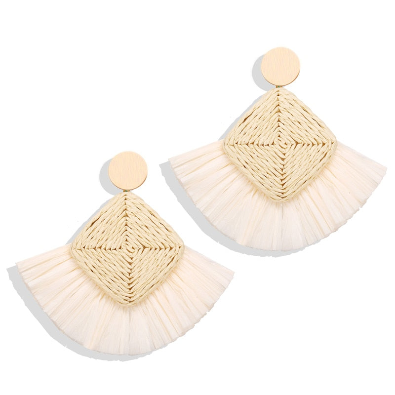 Ethnic Beige Wicker Rattan Raffia Tassel Earrings