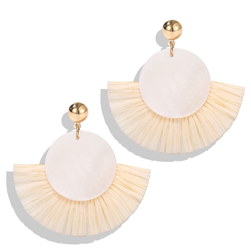 Ethnic Beige Wicker Rattan Raffia Tassel Earrings