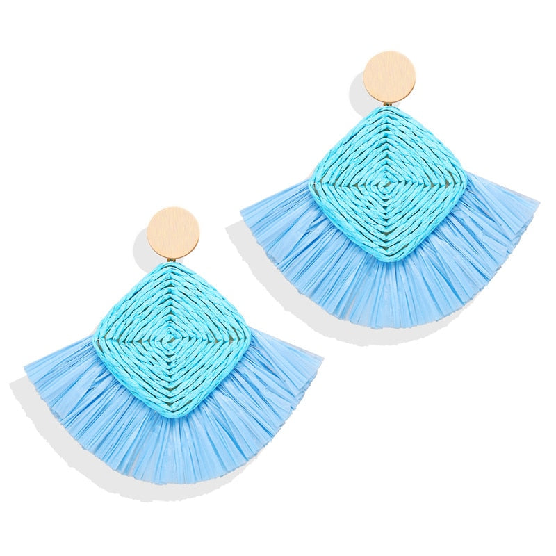 Ethnic Beige Wicker Rattan Raffia Tassel Earrings