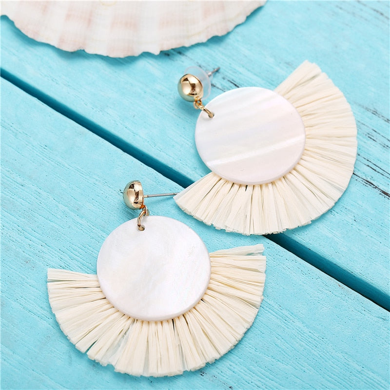 Ethnic Beige Wicker Rattan Raffia Tassel Earrings