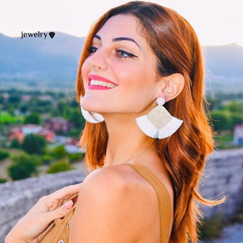 Ethnic Beige Wicker Rattan Raffia Tassel Earrings