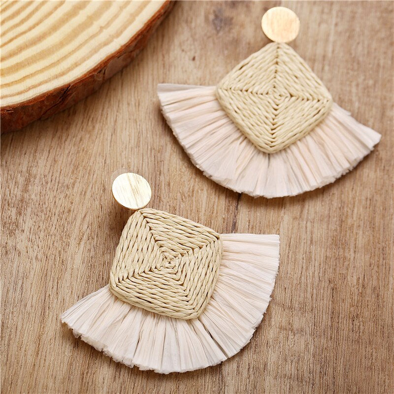 Ethnic Beige Wicker Rattan Raffia Tassel Earrings