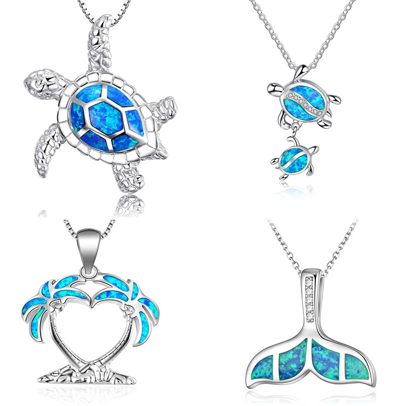 FDLK Fashion Blue Opal Sea Turtle Pendant Necklaces for Women Female Animal Wedding Statement Chain Necklace Ocean Beach Jewelr