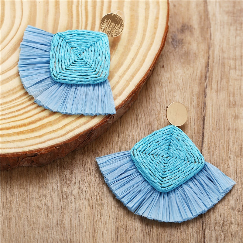Ethnic Beige Wicker Rattan Raffia Tassel Earrings