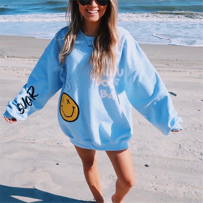 Loose Round Neck Print Hoodie