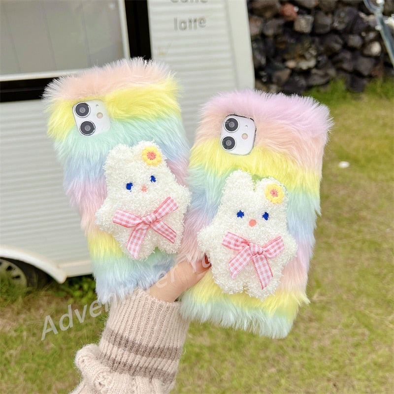 Rainbow Colorful Plush Flutty Phone case for iPhone 13 12 11 Pro XS Max mini 3D Rabit Soft Silicon Fur Cover X XR Cartoon 6 7 8