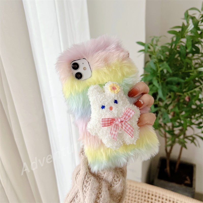 Rainbow Colorful Plush Flutty Phone case for iPhone 13 12 11 Pro XS Max mini 3D Rabit Soft Silicon Fur Cover X XR Cartoon 6 7 8